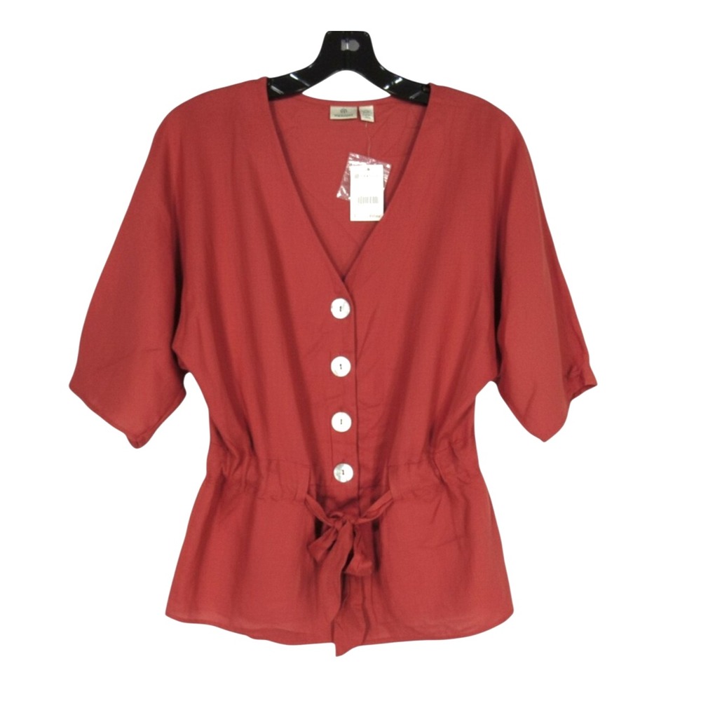 NWT VERSONA Rust Brown TWILL Button-up TIE WAISTLINE Peplum BLOUSE/TOP Sz S